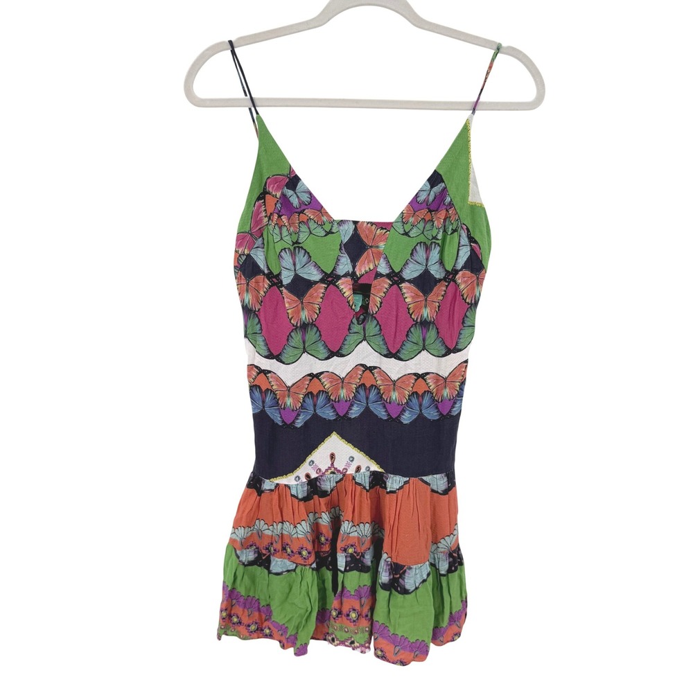 Farm Rio Butterfly Print Tiered Mini Dress Multicolor V-Neck Boho Womens M